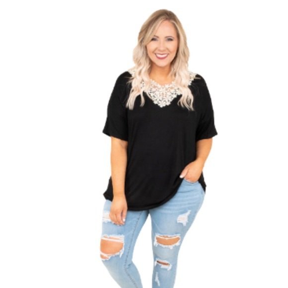 Grace Elements Tops - Black Boho Soft Loose Fitting Casual Top White Appliqué Flower Collar Shirt